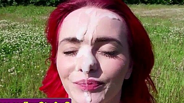 Отсосала хуй на природе и получила семя на рожу